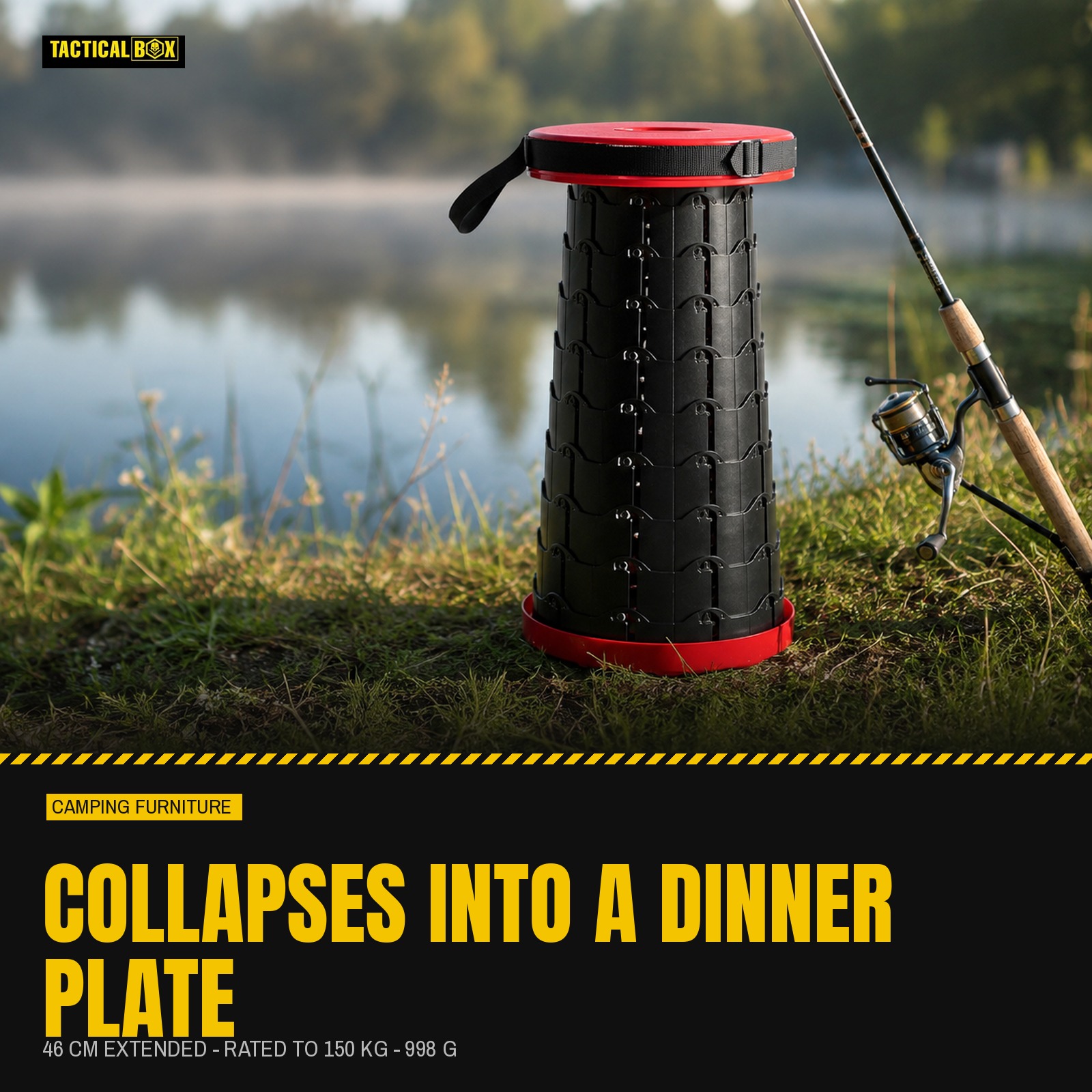 Retractable Camping Stool extended beside a fishing rod at a lake with the spec figures alongside