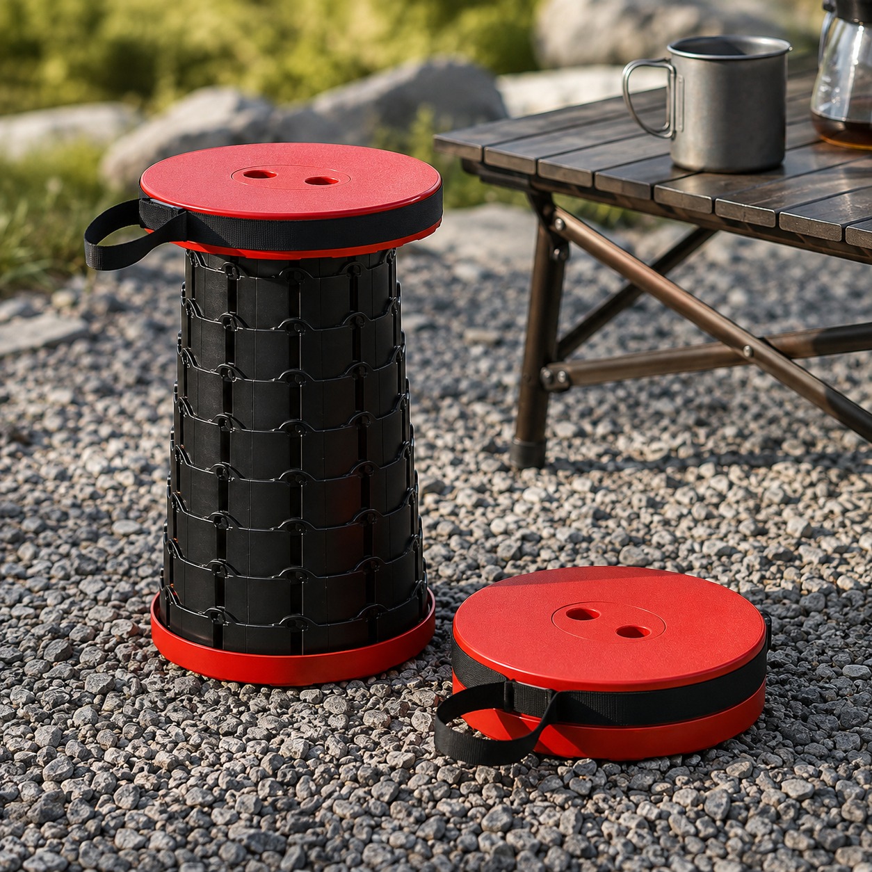 Retractable Camping Stool extended on gravel beside a camp table