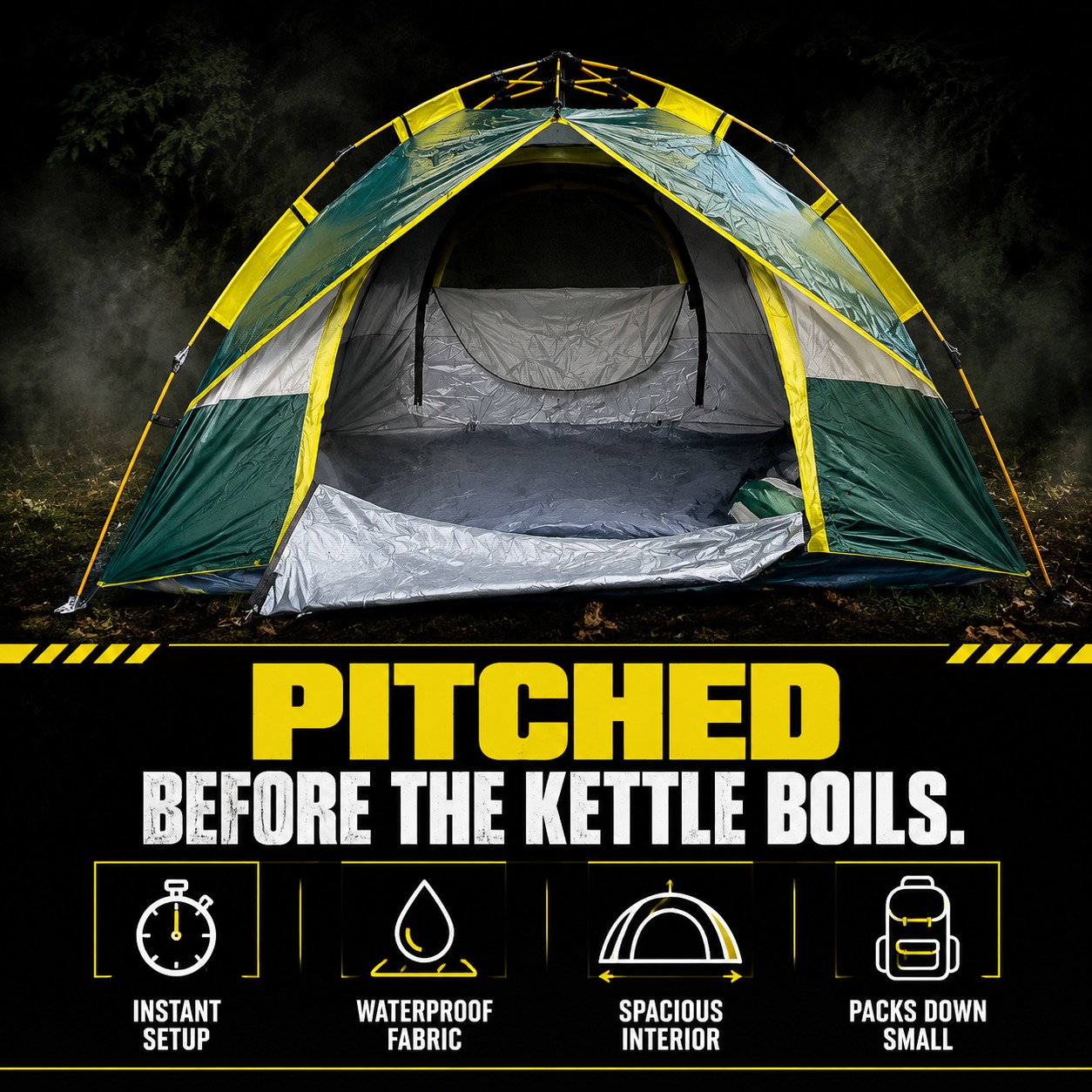 Quick Popup Tent pitched with mesh door open