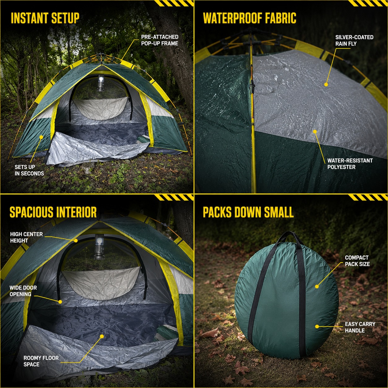 Quick Popup Tent shown across four features