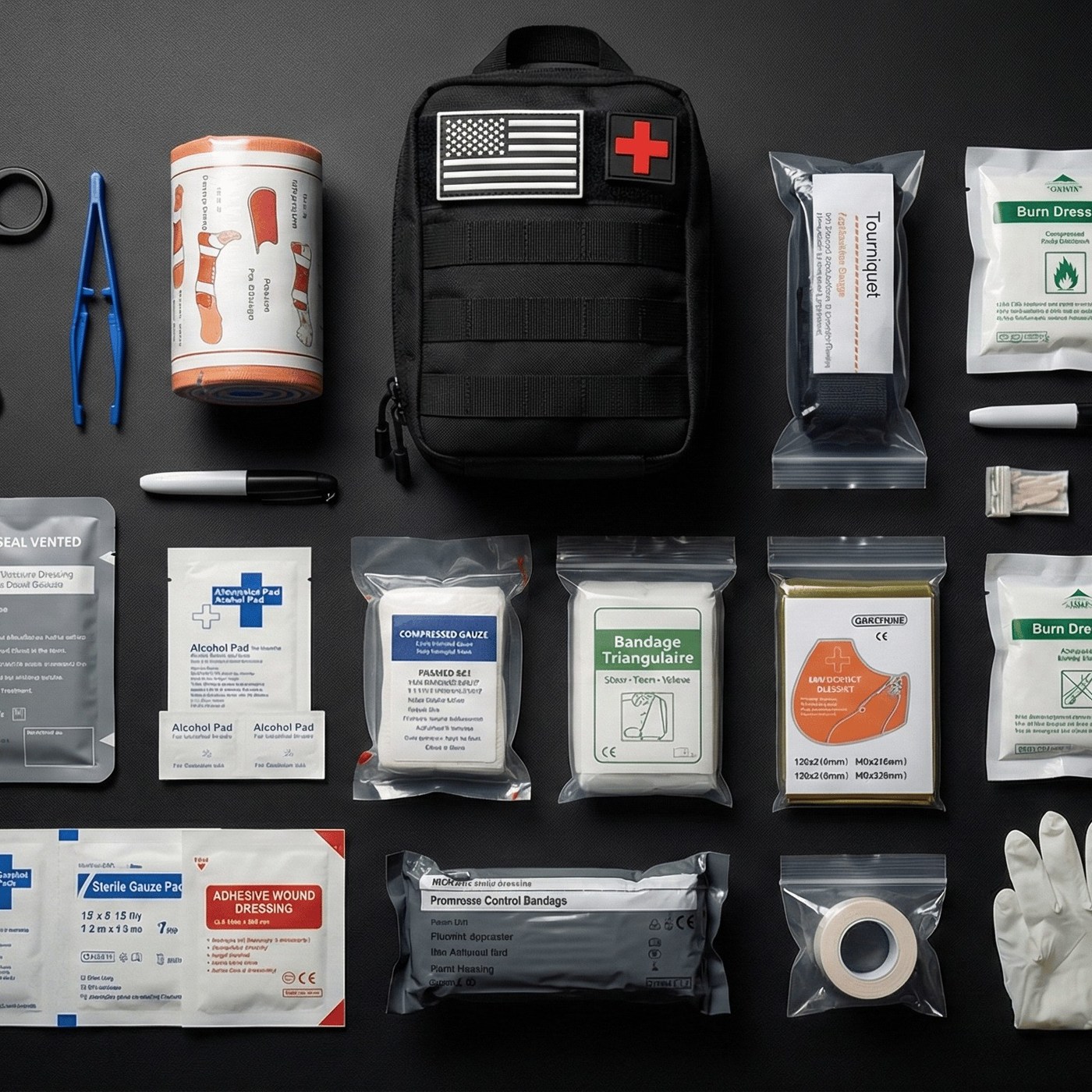 All 82 pieces of the Trauma First Aid Kit laid out: tourniquet, gauze, bandages, shears, gloves and more