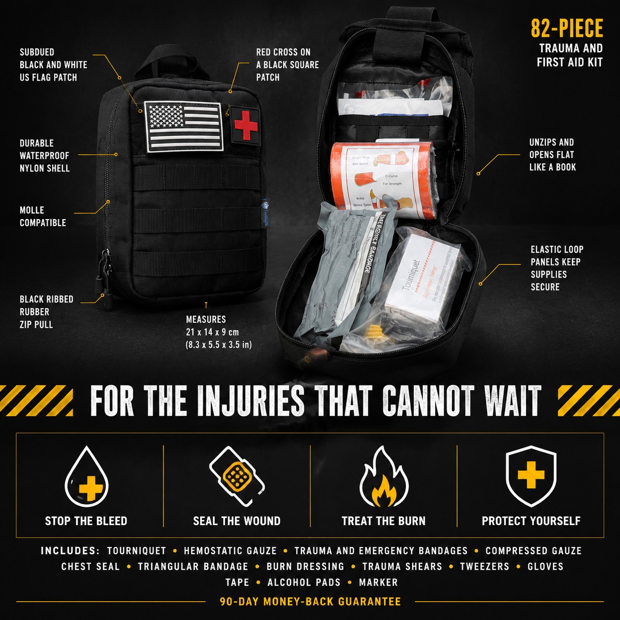 Trauma First Aid Kit: stop the bleed, seal the wound, treat the burn, protect yourself
