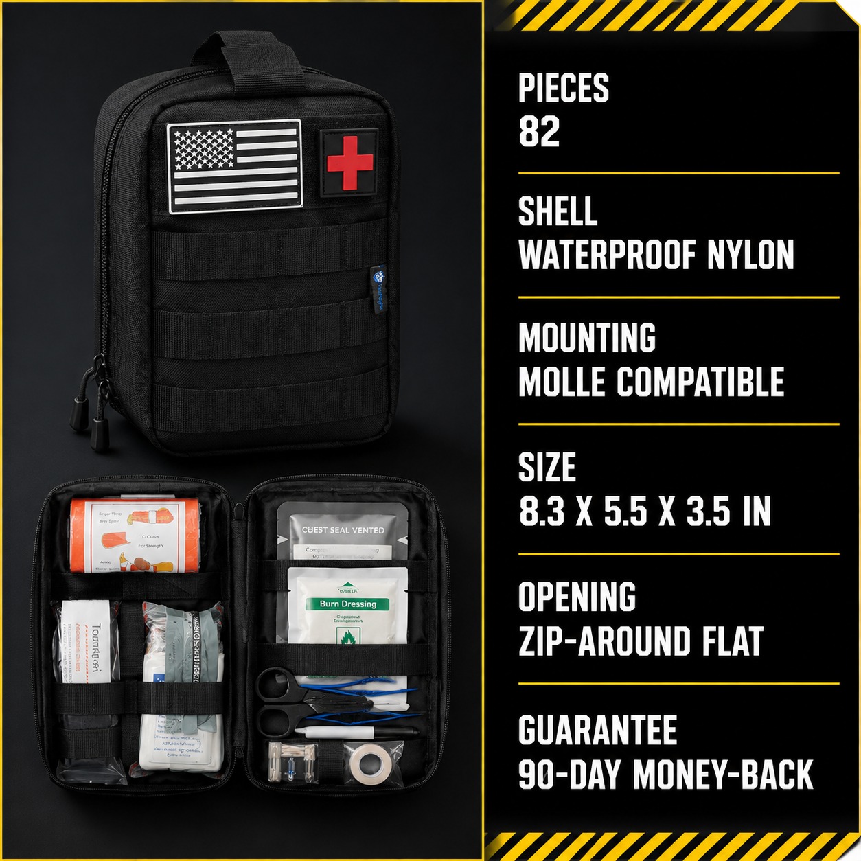 Trauma First Aid Kit specification card: 82 pieces, waterproof nylon, MOLLE compatible, size and guarantee