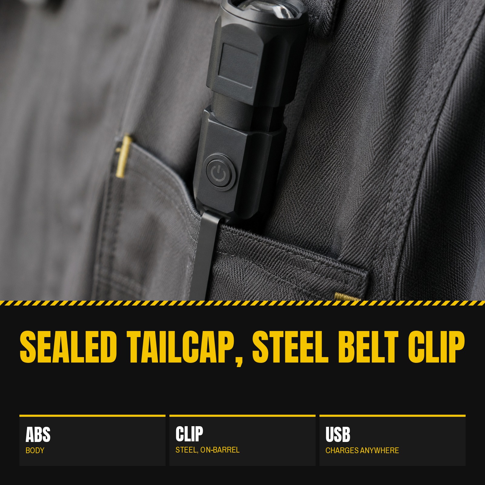 Tacright USB Flashlight clipped to the pocket of a work jacket