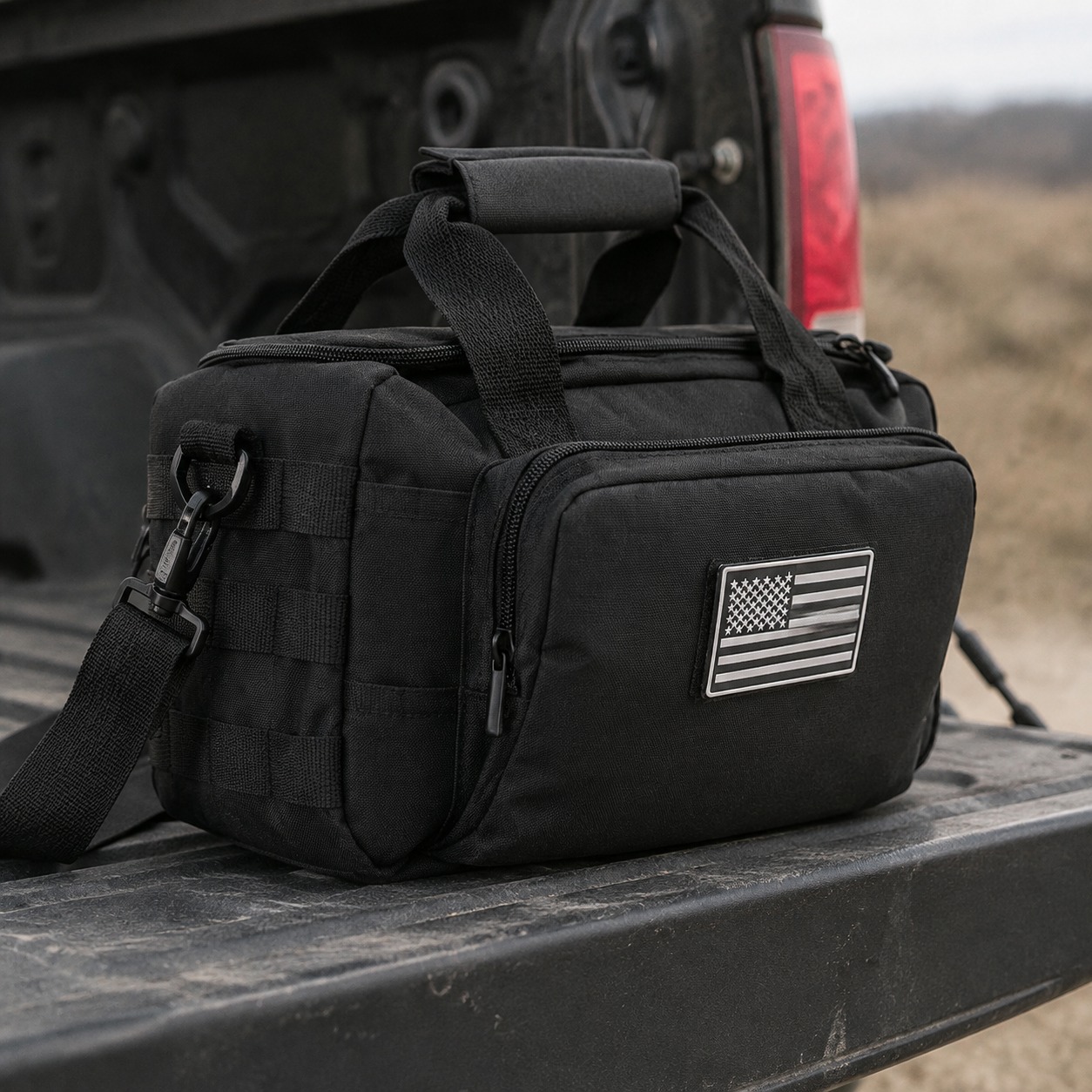 Gun and Utility Bag closed on a truck tailgate, front zip pocket and flag patch visible