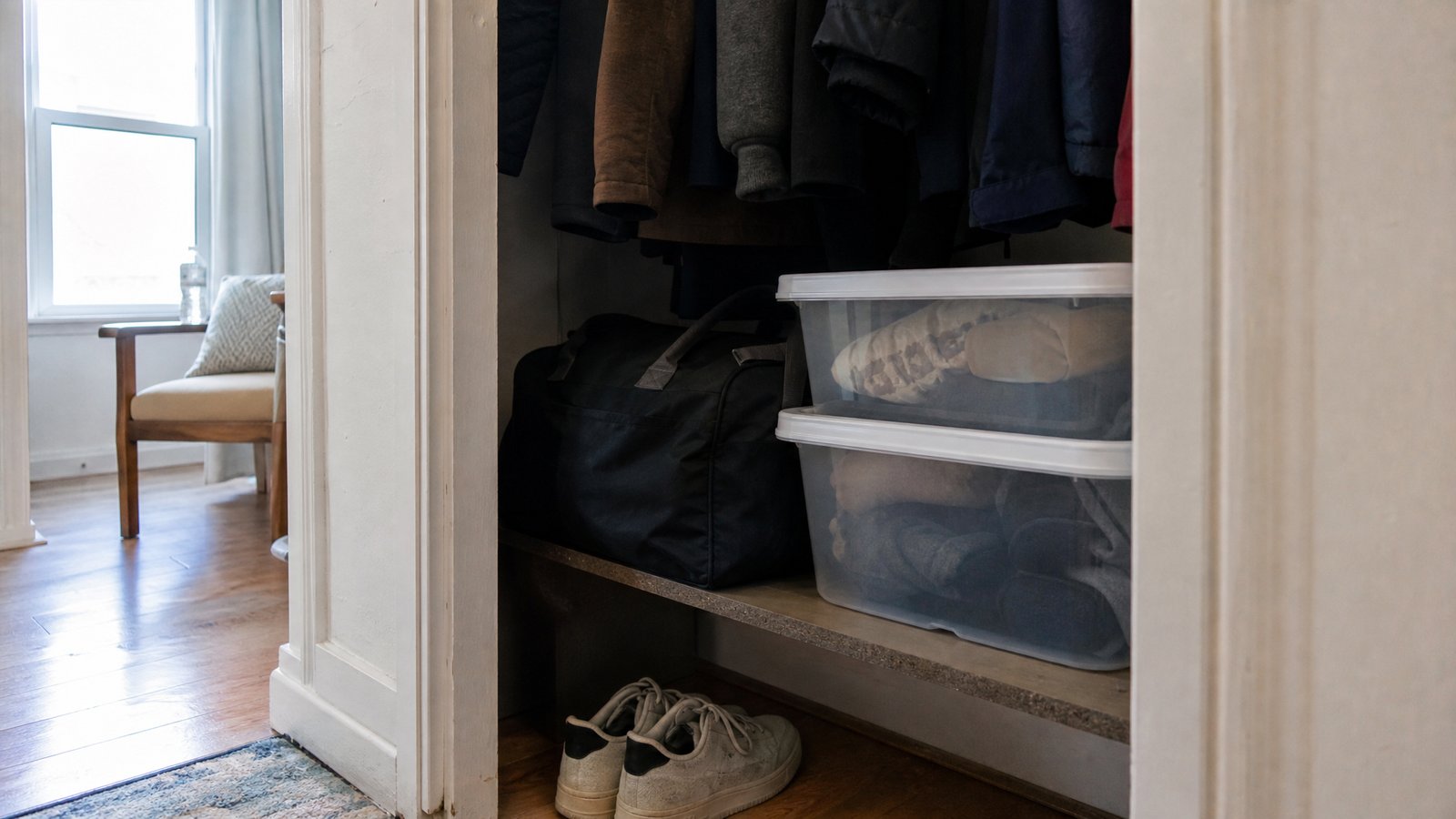 A plain dark duffel bag and two clear storage bins on a low shelf in an apartment entryway closet