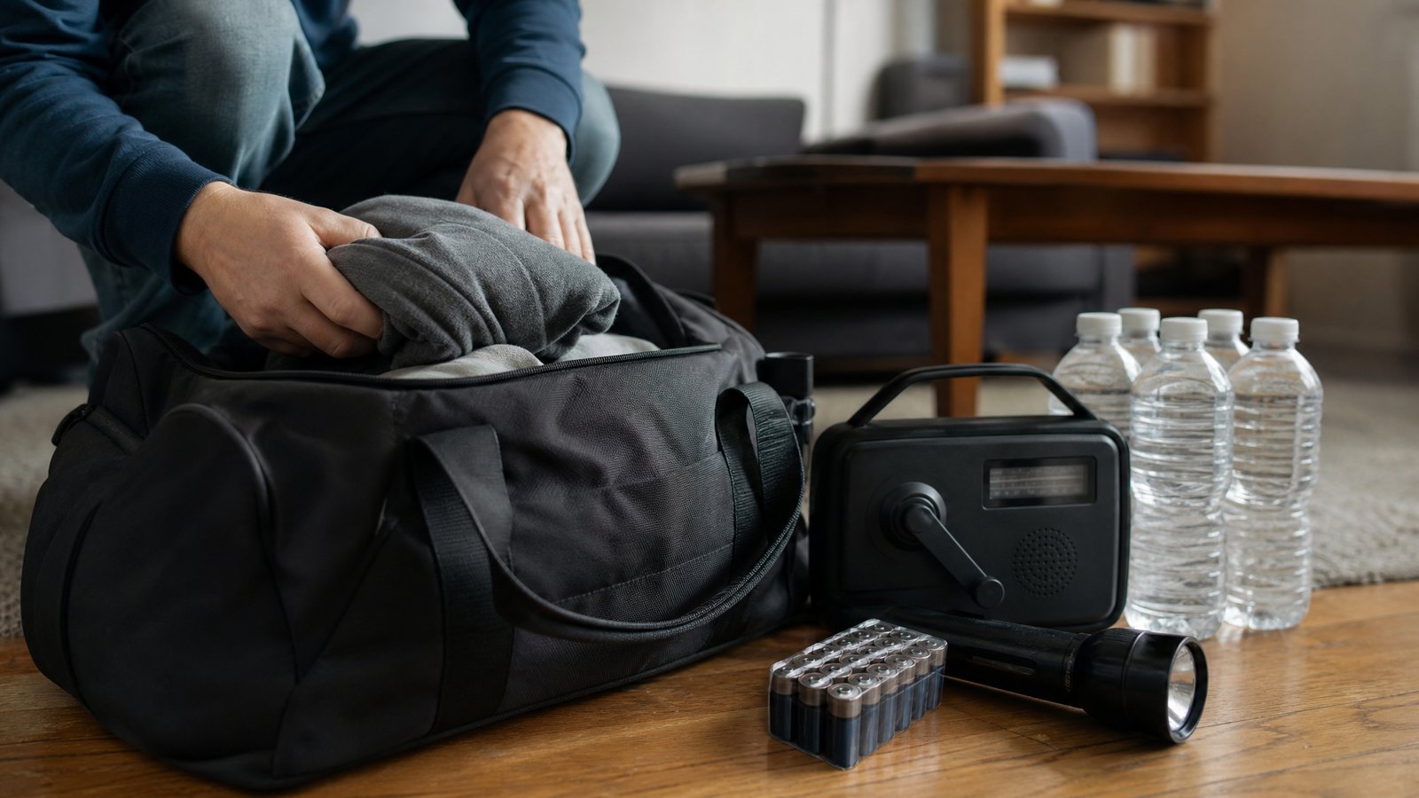 A person packing a plain dark duffel bag beside a hand-crank radio, a flashlight, batteries and clear water bottles
