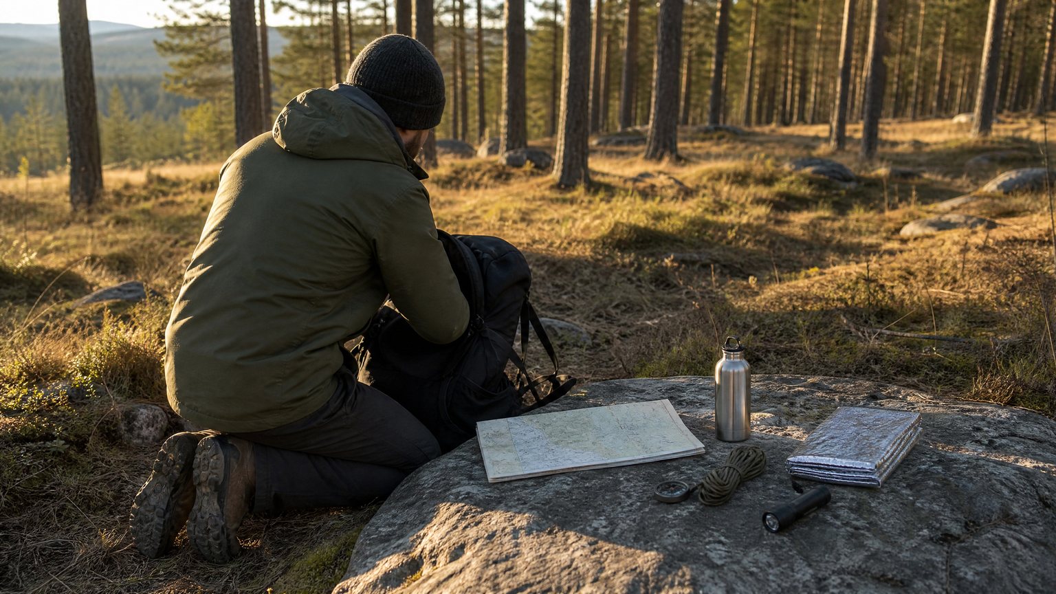 A person kneeling beside an open backpack in a forest clearing with a folded map, compass, metal bottle, cord, flashlight and folded blanket laid out on a flat rock