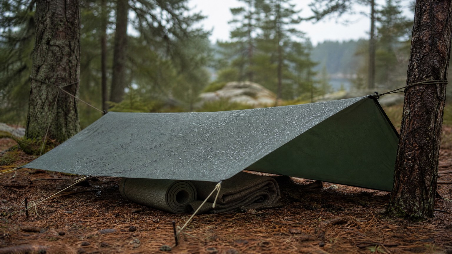 A simple tarp shelter pitched low between two conifer trees over a bed of pine needles with a rolled foam pad and folded wool blanket underneath