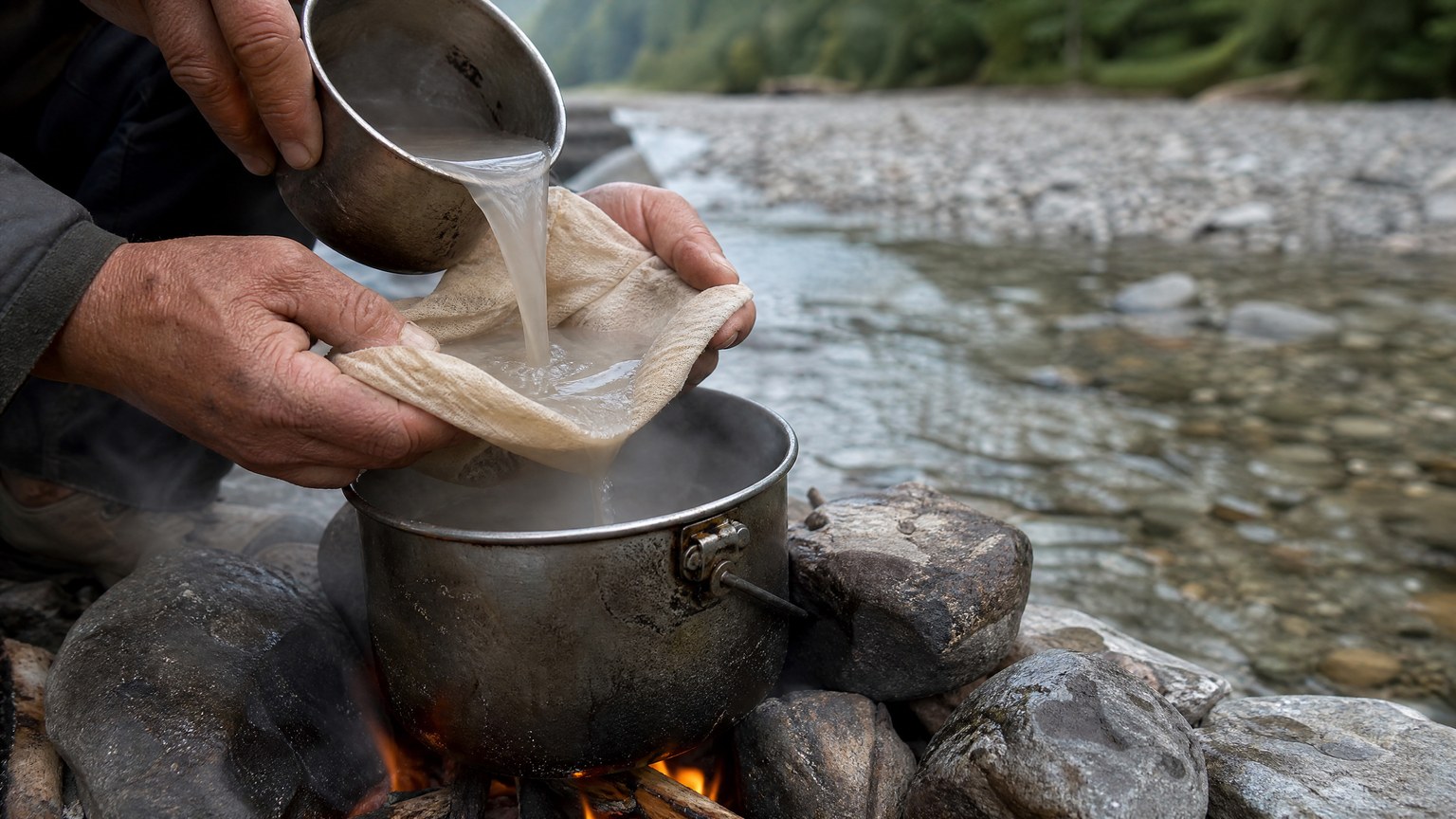 Cloudy stream water being poured from a metal cup through a folded cloth into a dented metal pot on a small stone campfire ring beside a shallow stream