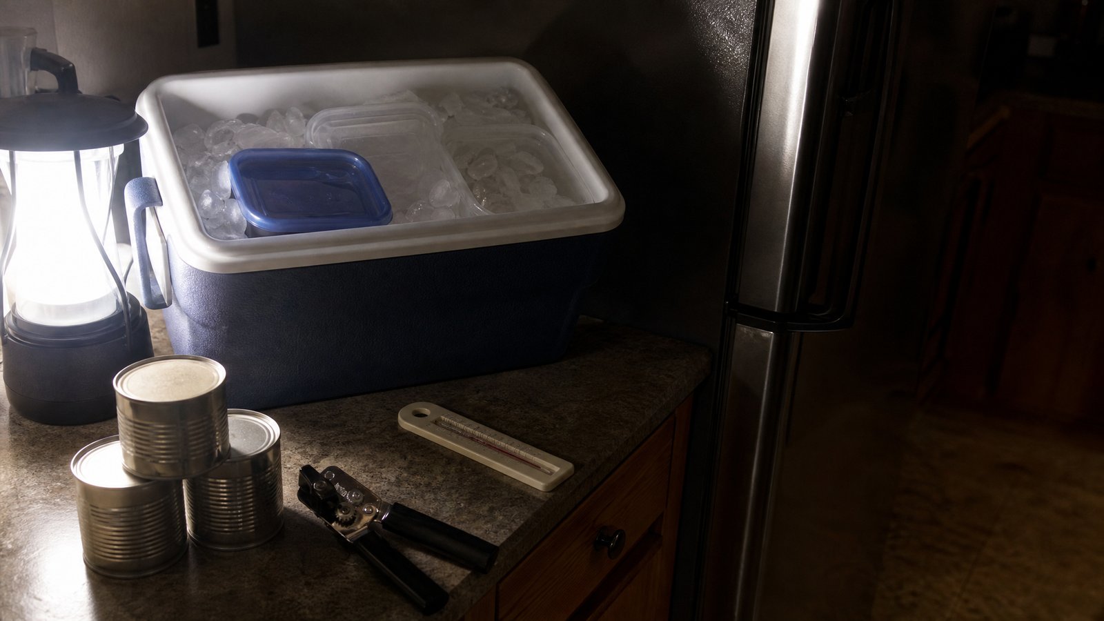 A packed cooler with ice and food containers on a kitchen counter next to a manual can opener, canned goods, an appliance thermometer, and a battery lantern