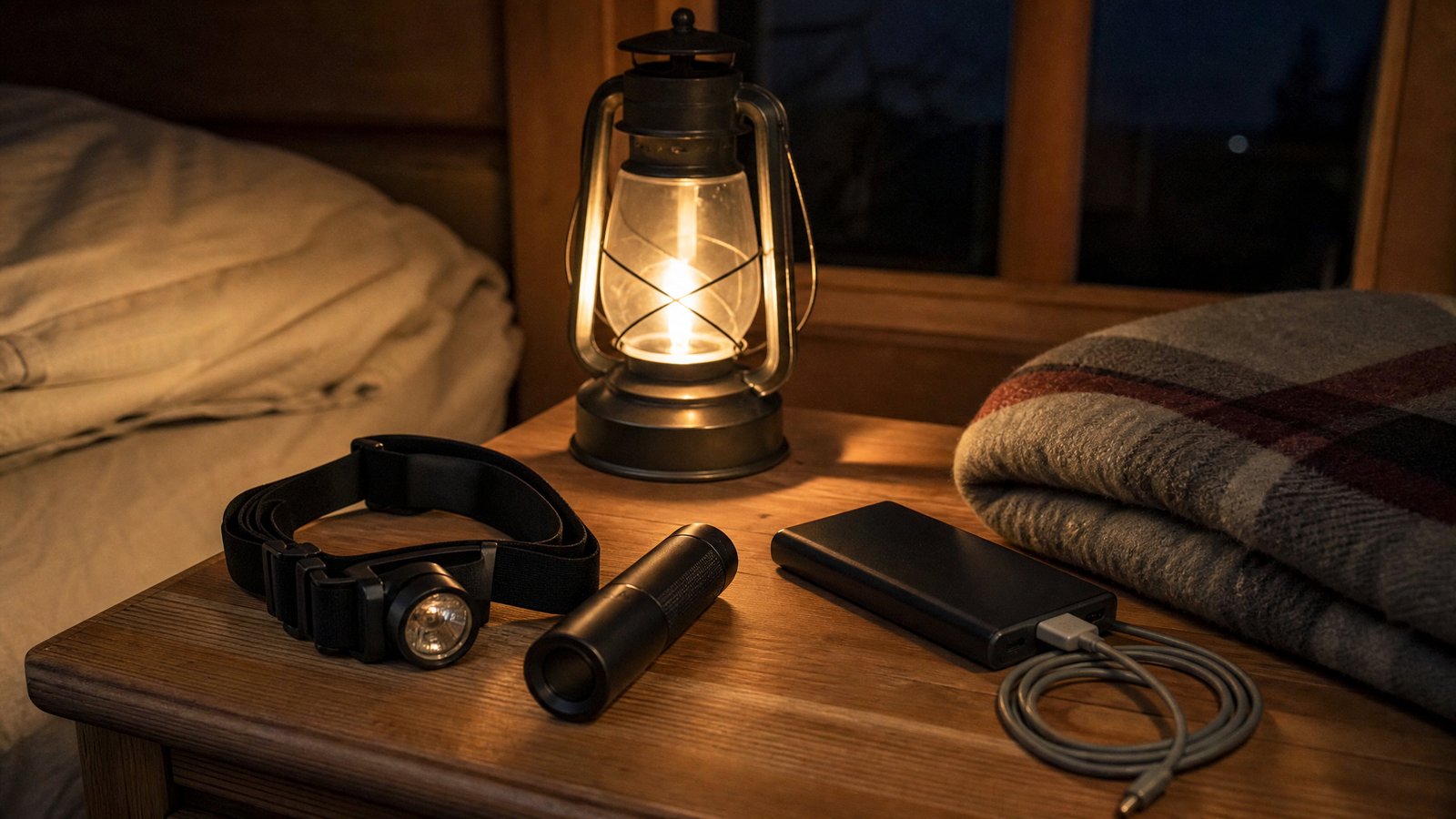 A bedroom nightstand at night with a lit battery lantern, a headlamp, a flashlight, a folded wool blanket, and a portable power bank with a charging cable