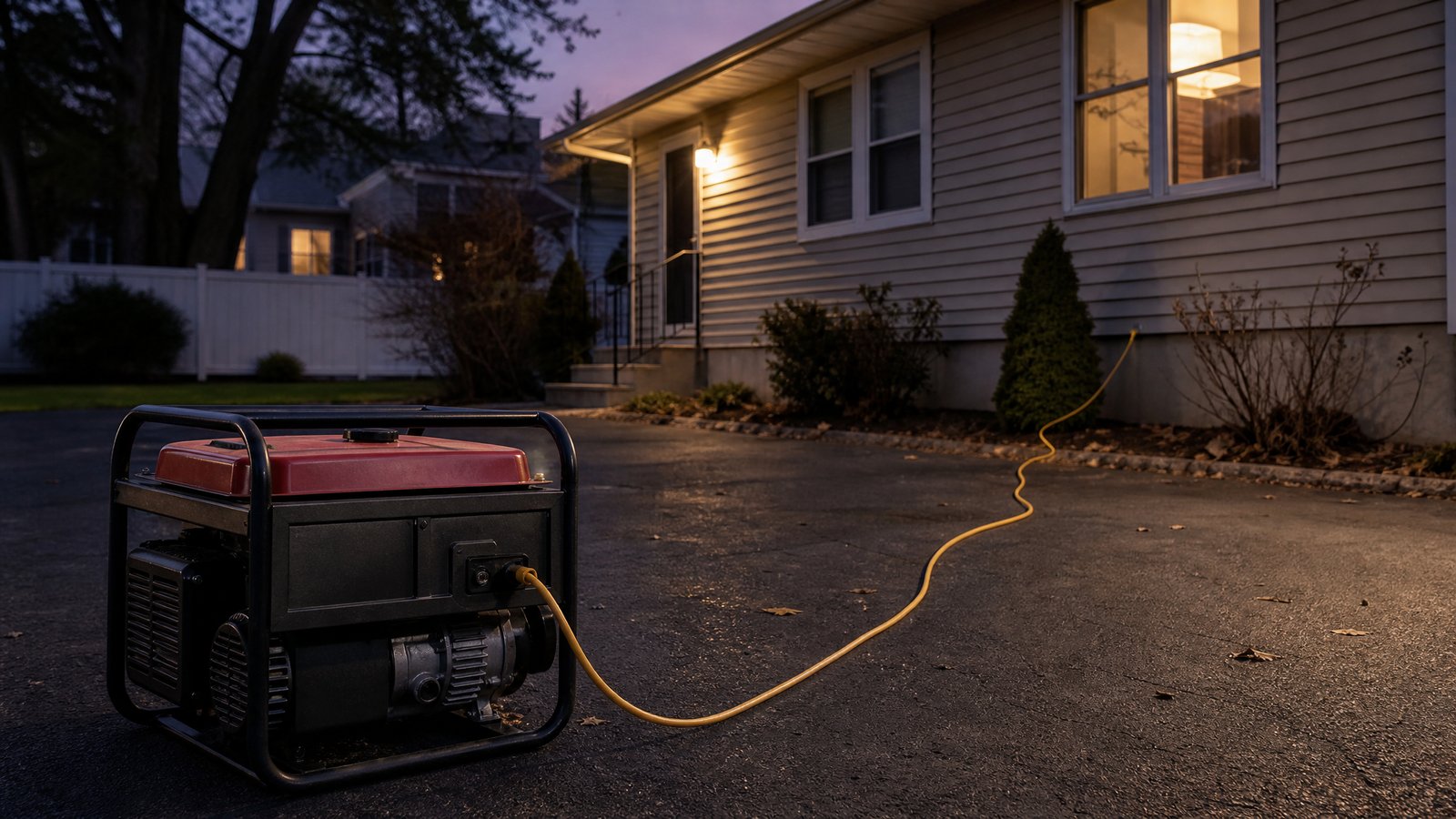 A portable generator running outside on a driveway at dusk, positioned well away from a house with an extension cord running toward the home