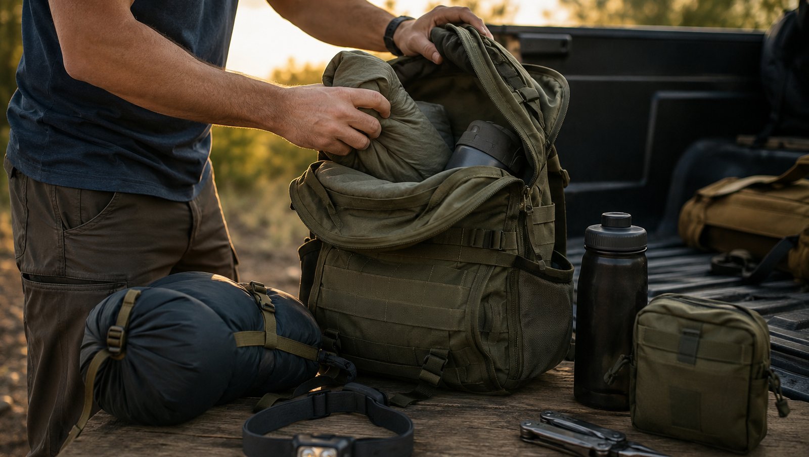 A man's hands packing a headlamp, water bottle, and multi-tool into an open backpack on a truck tailgate at golden hour