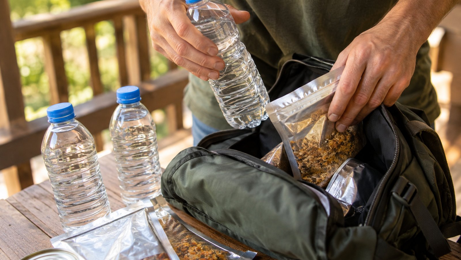 Hands packing water bottles and shelf-stable food pouches into an open backpack on a porch table
