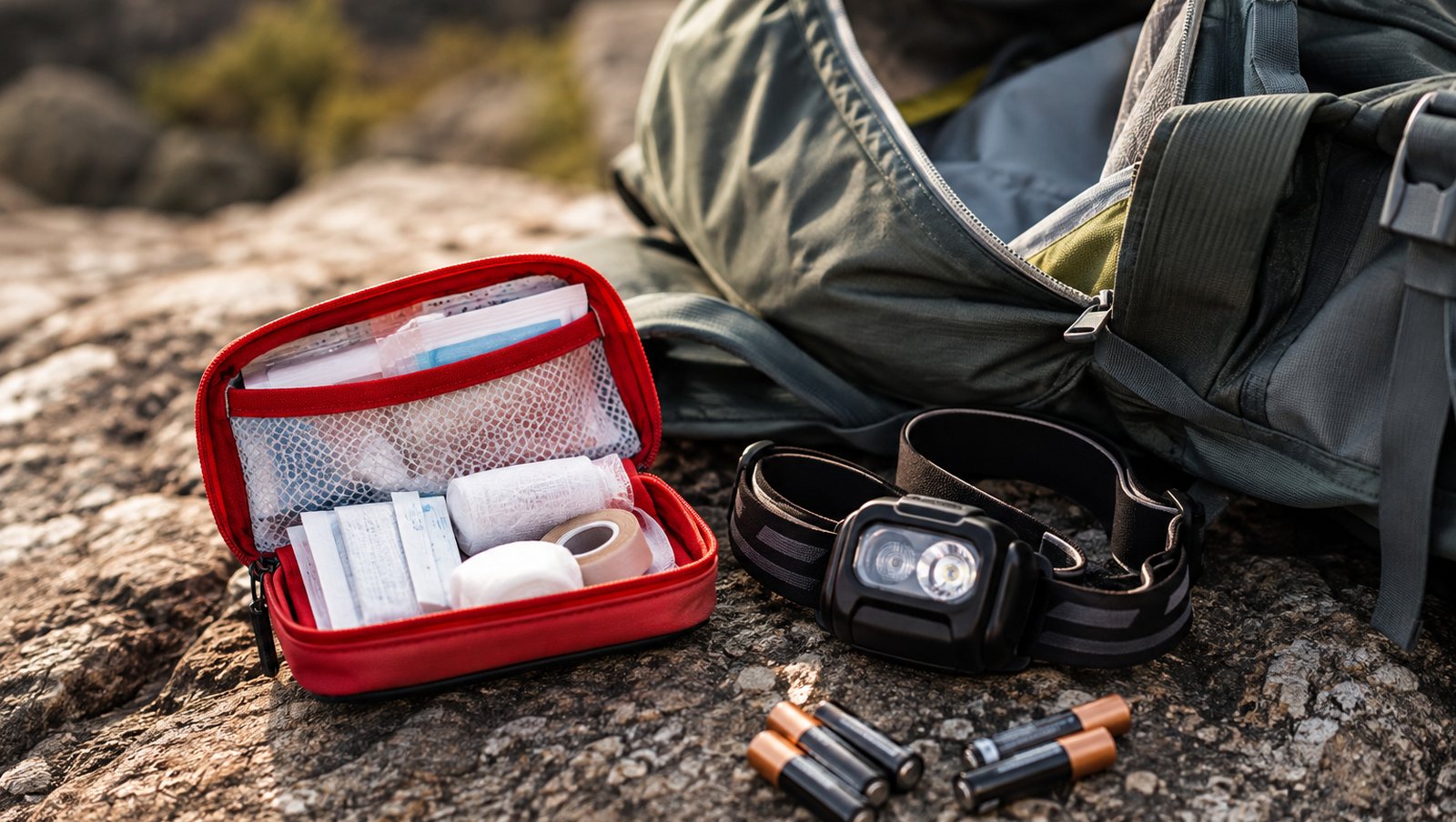A small first aid pouch and a headlamp with spare batteries laid next to an open backpack outdoors
