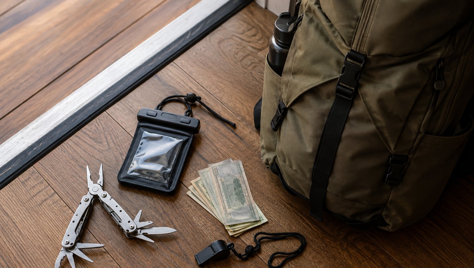 A multi-tool, a waterproof document pouch, and cash arranged next to a packed backpack by a front door