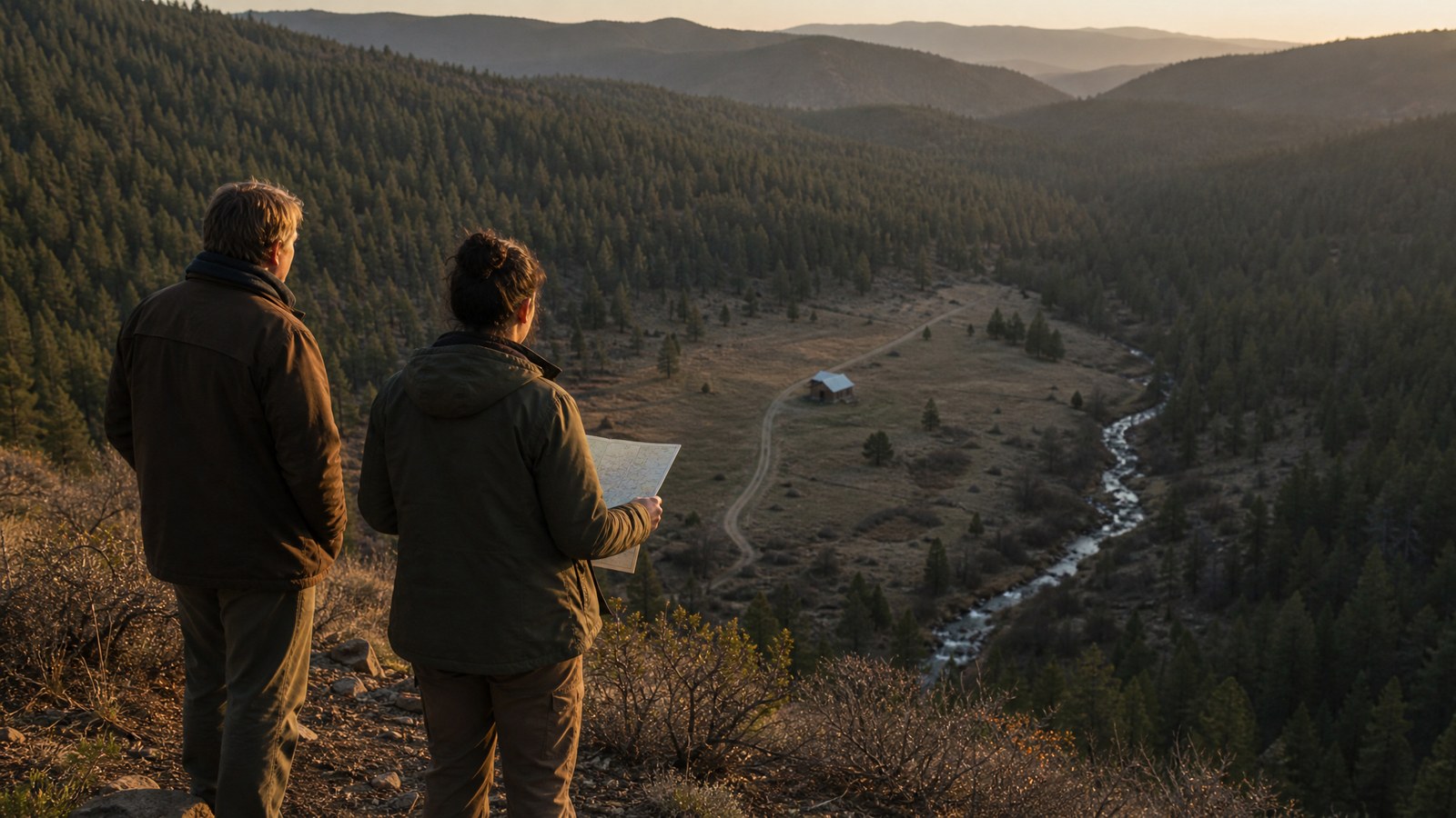Two people standing on a ridge at golden hour looking down at a small metal-roofed cabin in a cleared valley meadow with a dirt track leading to it
