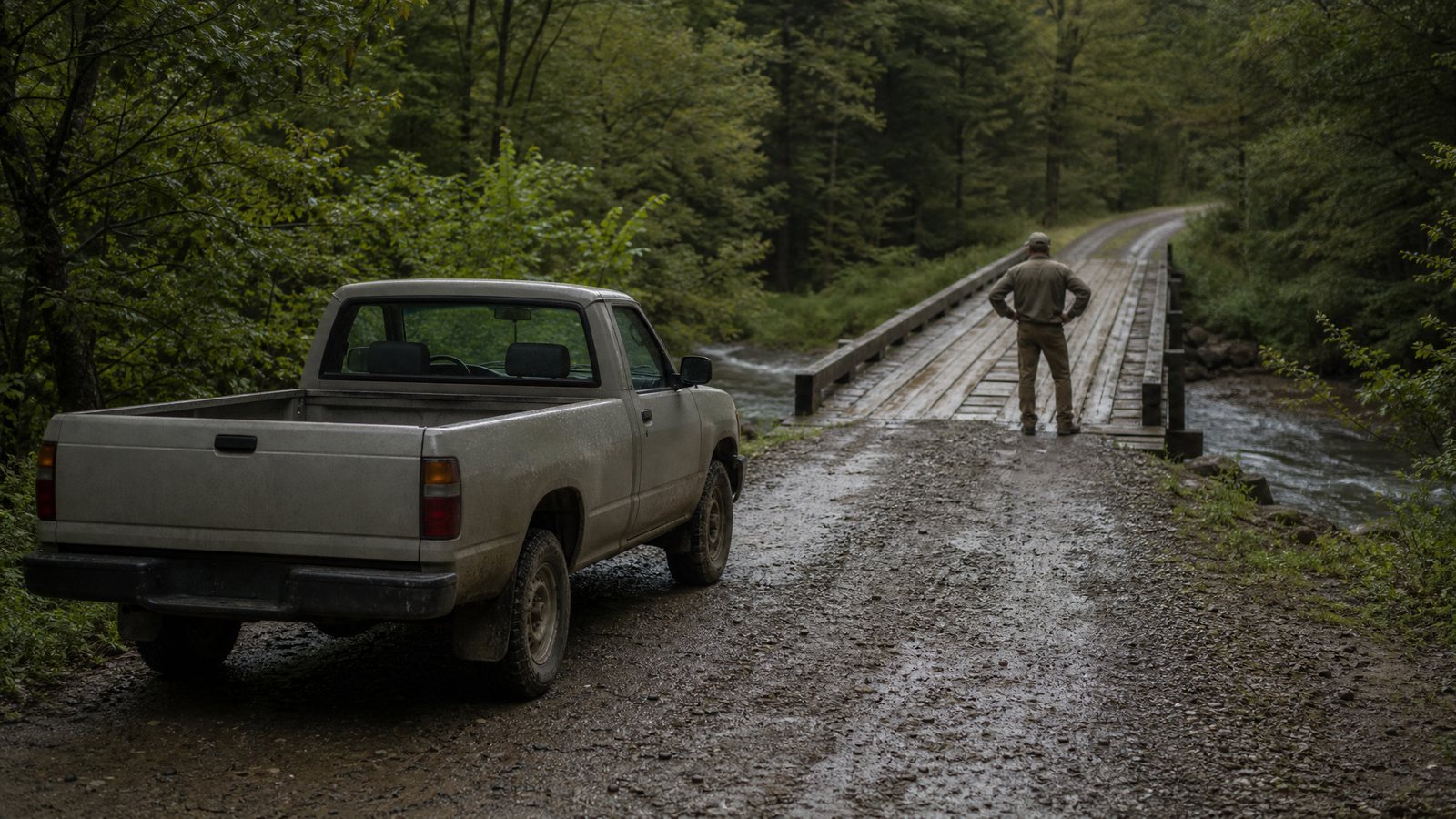 A pickup truck stopped on a narrow gravel back road at a small wooden creek bridge with dense timber crowding both sides of the road