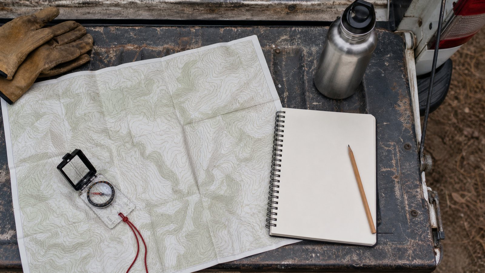 Overhead view of a weathered tailgate holding an unfolded topographic map, a baseplate compass, an open blank notebook, a pencil, and a steel water bottle