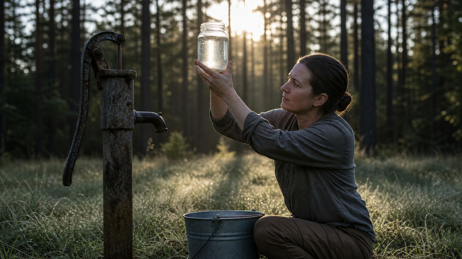 A person kneeling beside a weathered hand-pump well head in a grassy clearing, holding a clear glass jar of water up toward the morning light