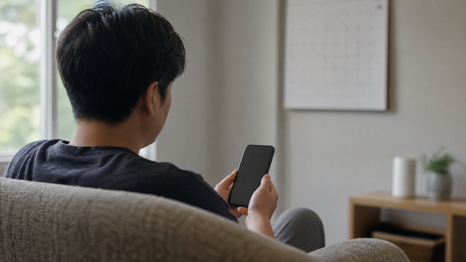 A person on a sofa holding a smartphone with the screen turned away, a blank wall calendar on the wall behind them