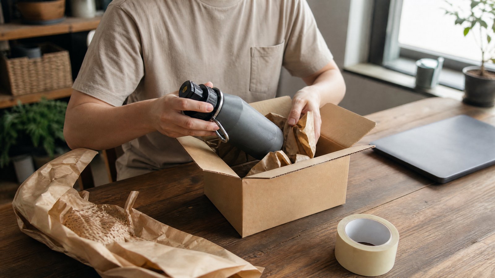 A person at a wooden table carefully placing an unused water bottle back into a cardboard box with packing paper, a roll of tape beside it
