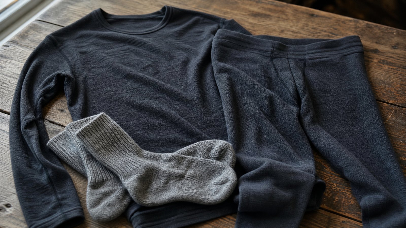 A plain merino wool base layer top and thermal leggings laid out on weathered wood next to a pair of gray wool socks
