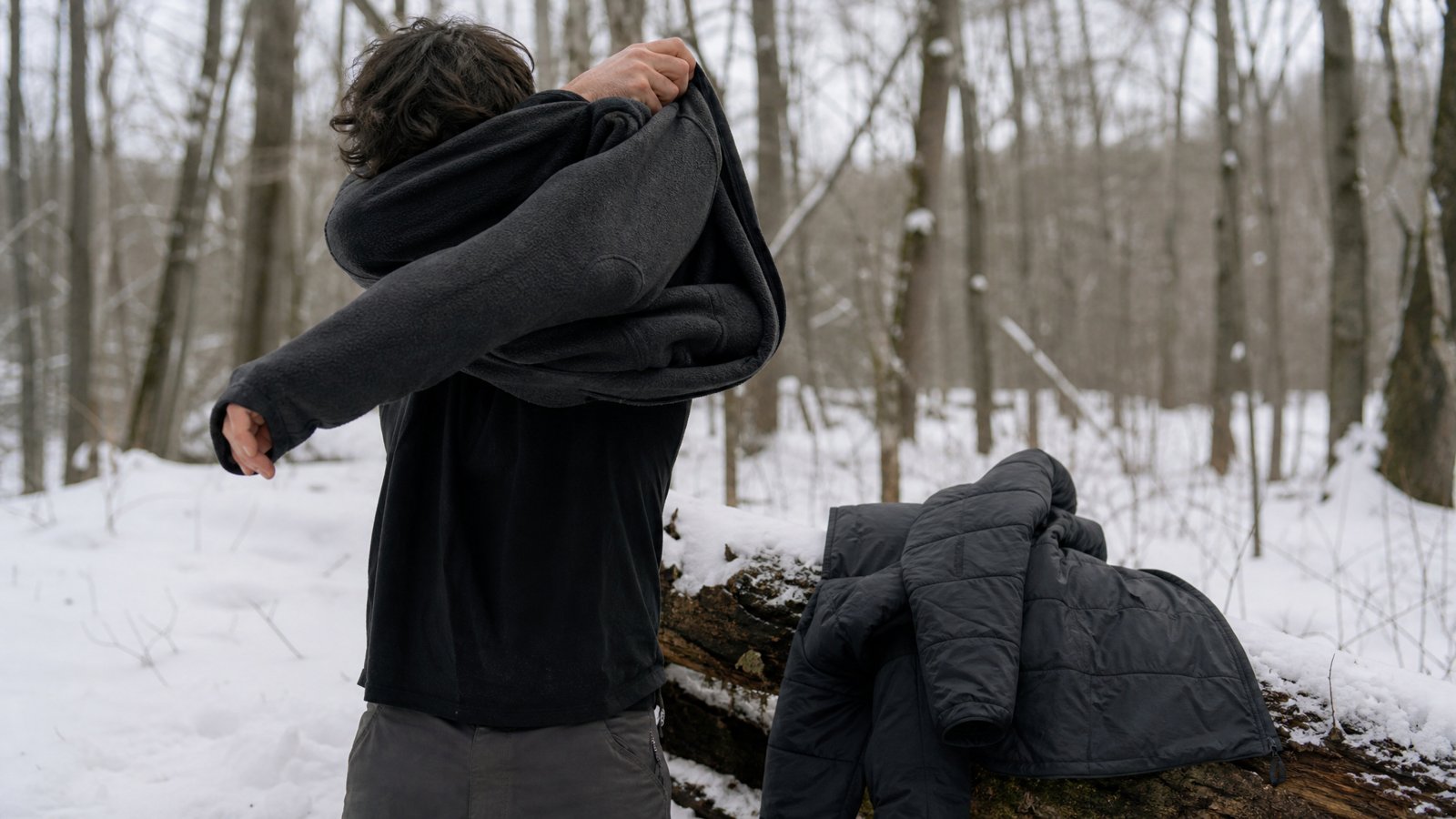 A person pulling on a plain fleece mid-layer jacket in a snowy forest clearing with an insulated puffy jacket draped over a fallen log