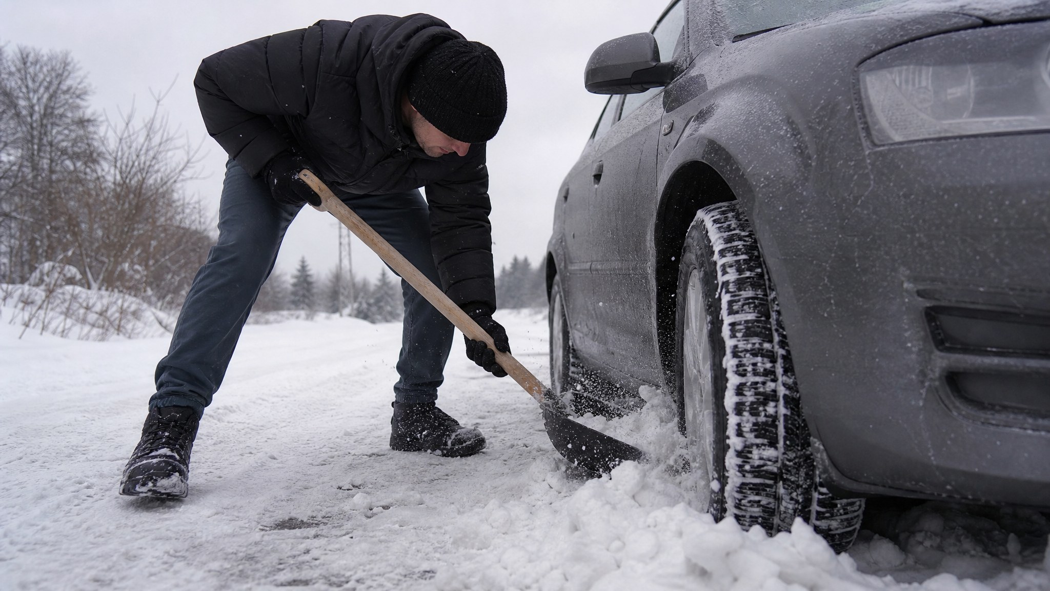 A person alone shoveling packed snow away from a car's front tire on a snowy rural road