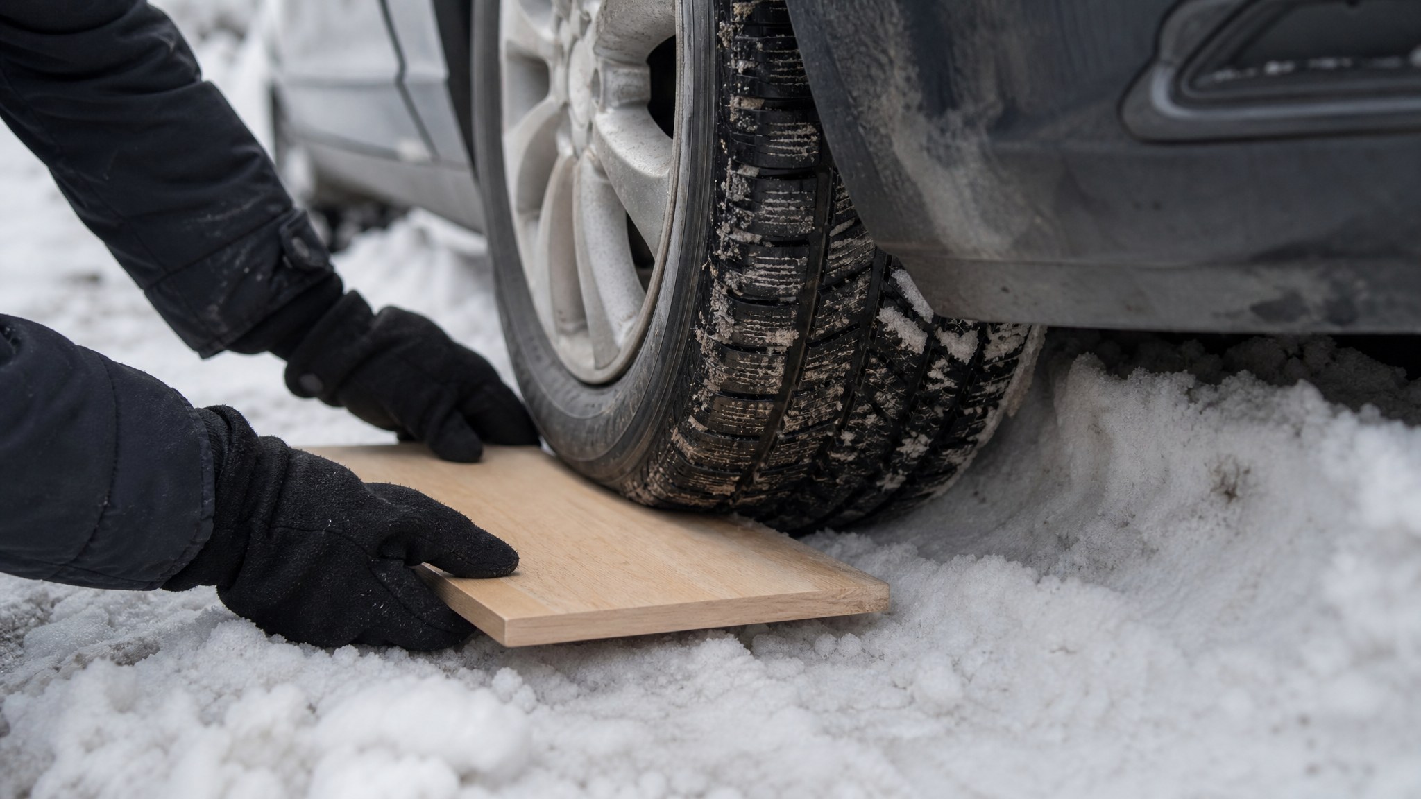 A close view of gloved hands wedging a traction board under a car's rear tire in packed snow