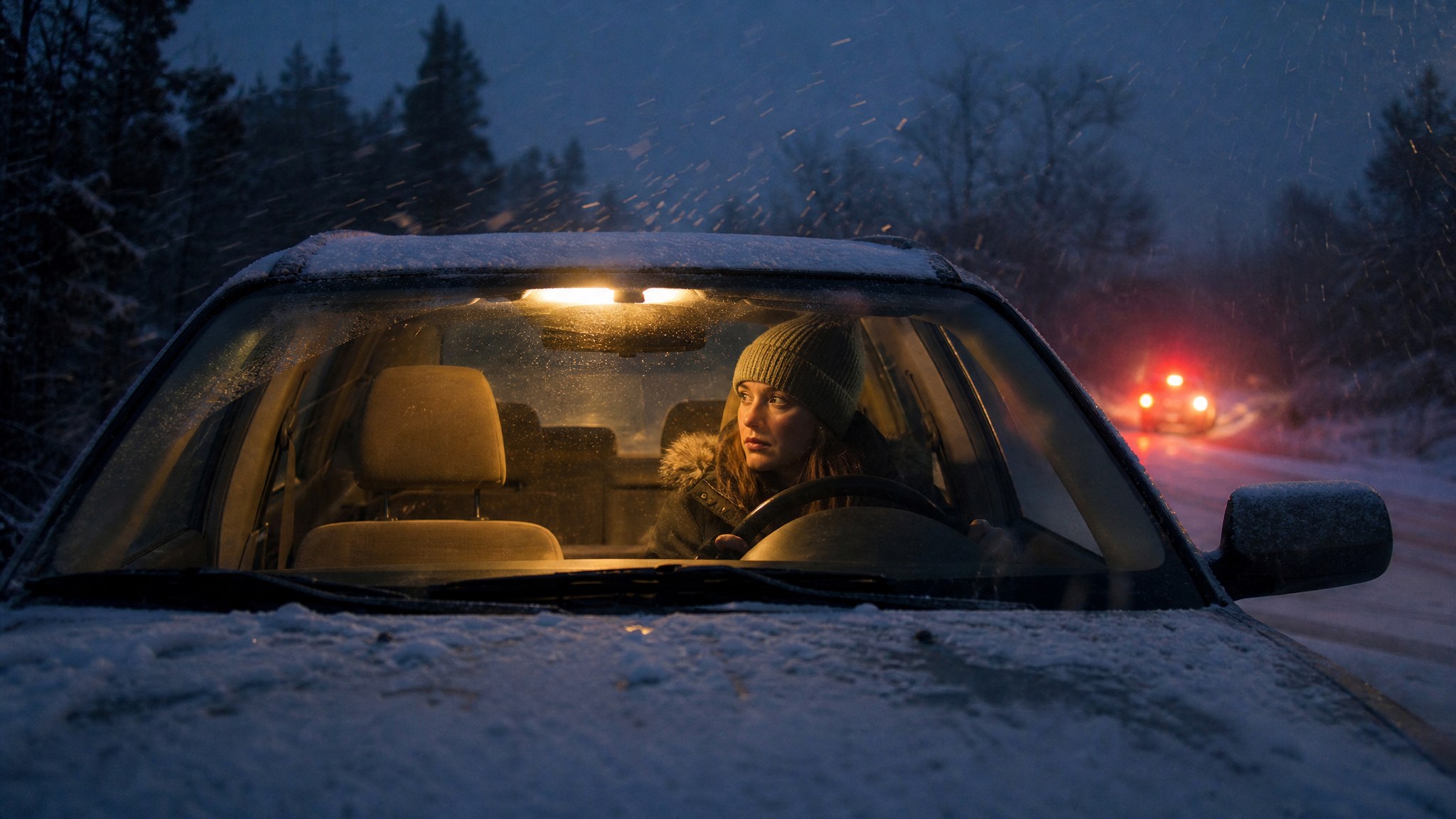 A person sitting inside a stopped car at dusk with the interior dome light on and hazard lights visible through the snowy windshield