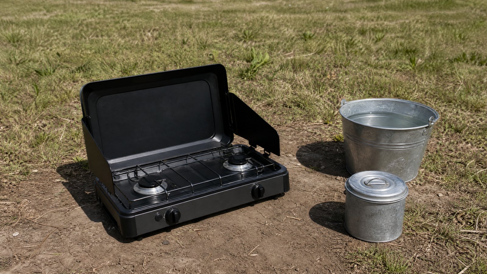 A compact two-burner camp stove, not lit, on a flat bare patch of ground in an open yard away from a wooden fence and a house wall, with a bucket of water and a lidded metal can beside it