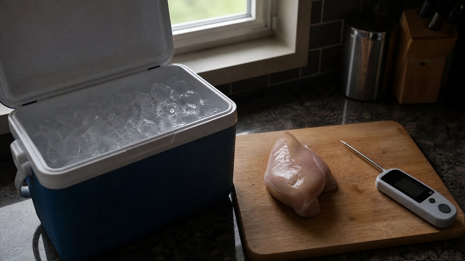 An open cooler of ice and a digital food thermometer with a blank screen beside a raw chicken breast on a cutting board on a kitchen counter in dim window light
