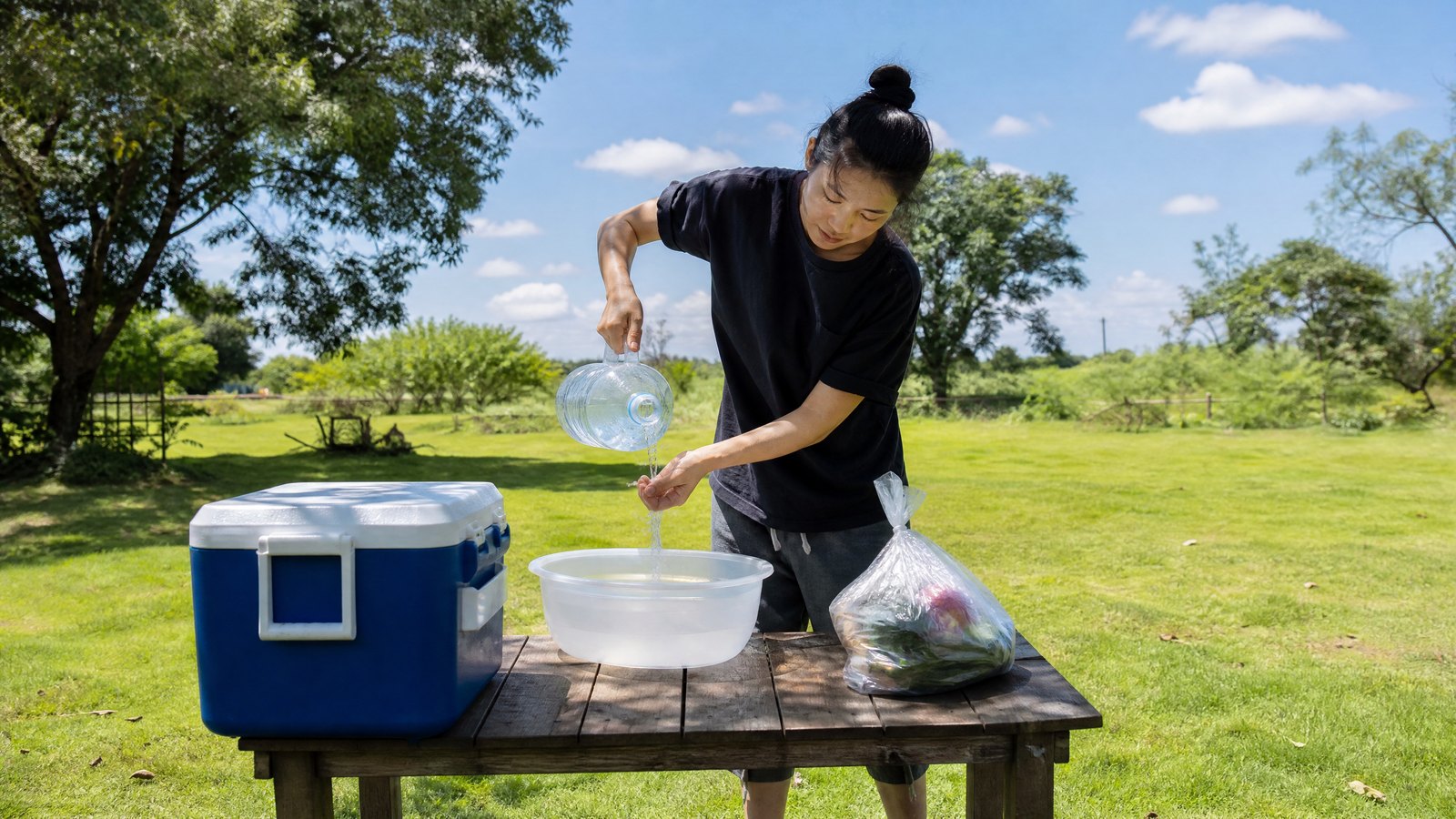 A person standing on open grass in a sunny backyard pouring water from a jug over their hands into a plastic basin on a low table, with a closed blue cooler and a sealed bag of groceries beside it
