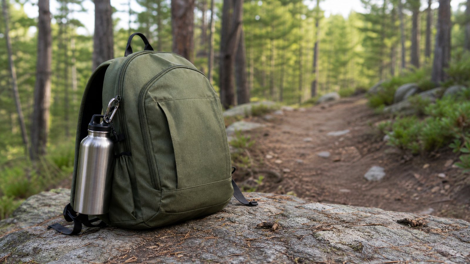 A plain olive green daypack with a stainless steel water bottle clipped to the side resting on a flat rock beside a dirt trail in a pine forest