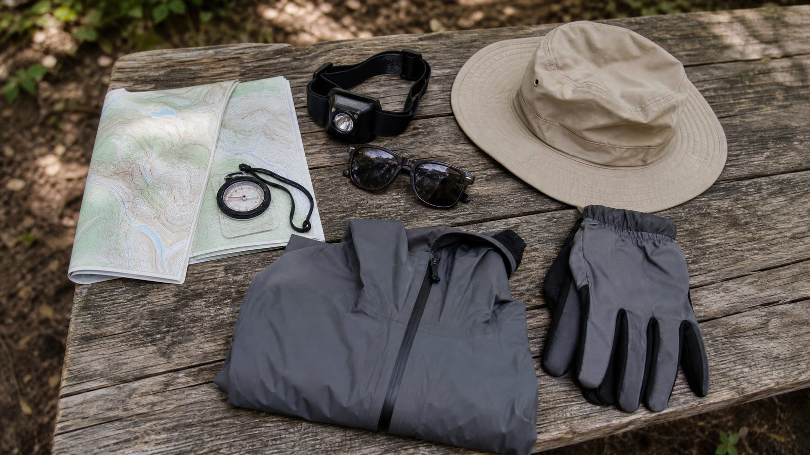 A folded paper map with unlabeled contour lines and a compass, a black headlamp, sunglasses, a canvas sun hat, a folded gray rain shell and gloves laid out on a weathered wooden table