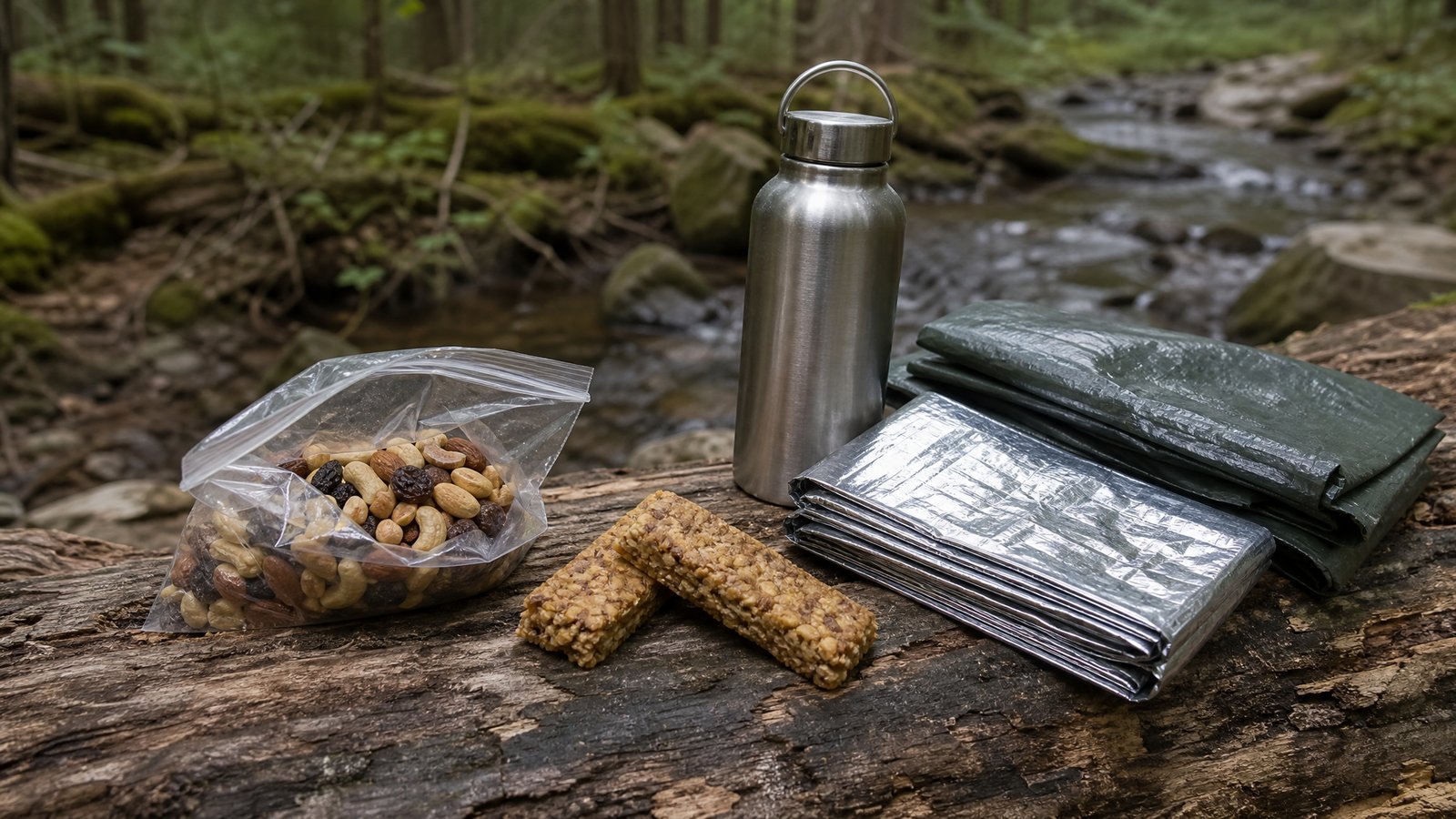 A clear bag of trail mix, two granola bars, a stainless steel water bottle, a folded silver emergency blanket and a folded tarp on a fallen log beside a woodland stream