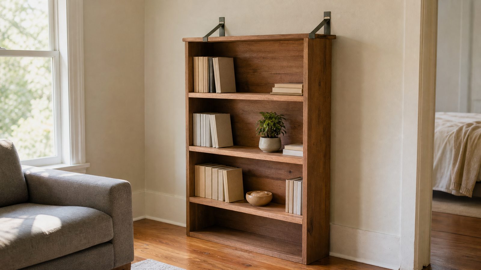 A tall wooden bookcase in a living room corner held to the wall with metal brackets at the top, with a few plain books and a small plant on the shelves beside a gray sofa