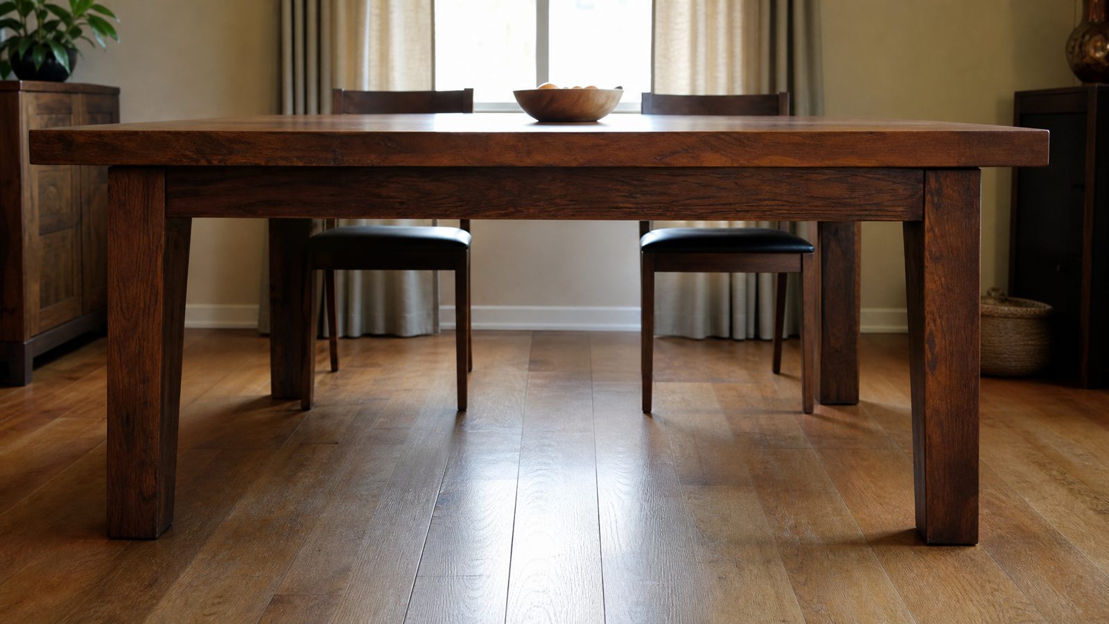 A sturdy heavy wooden dining table on a wood floor with the open space beneath it clear, two chairs pushed in and a window with curtains behind