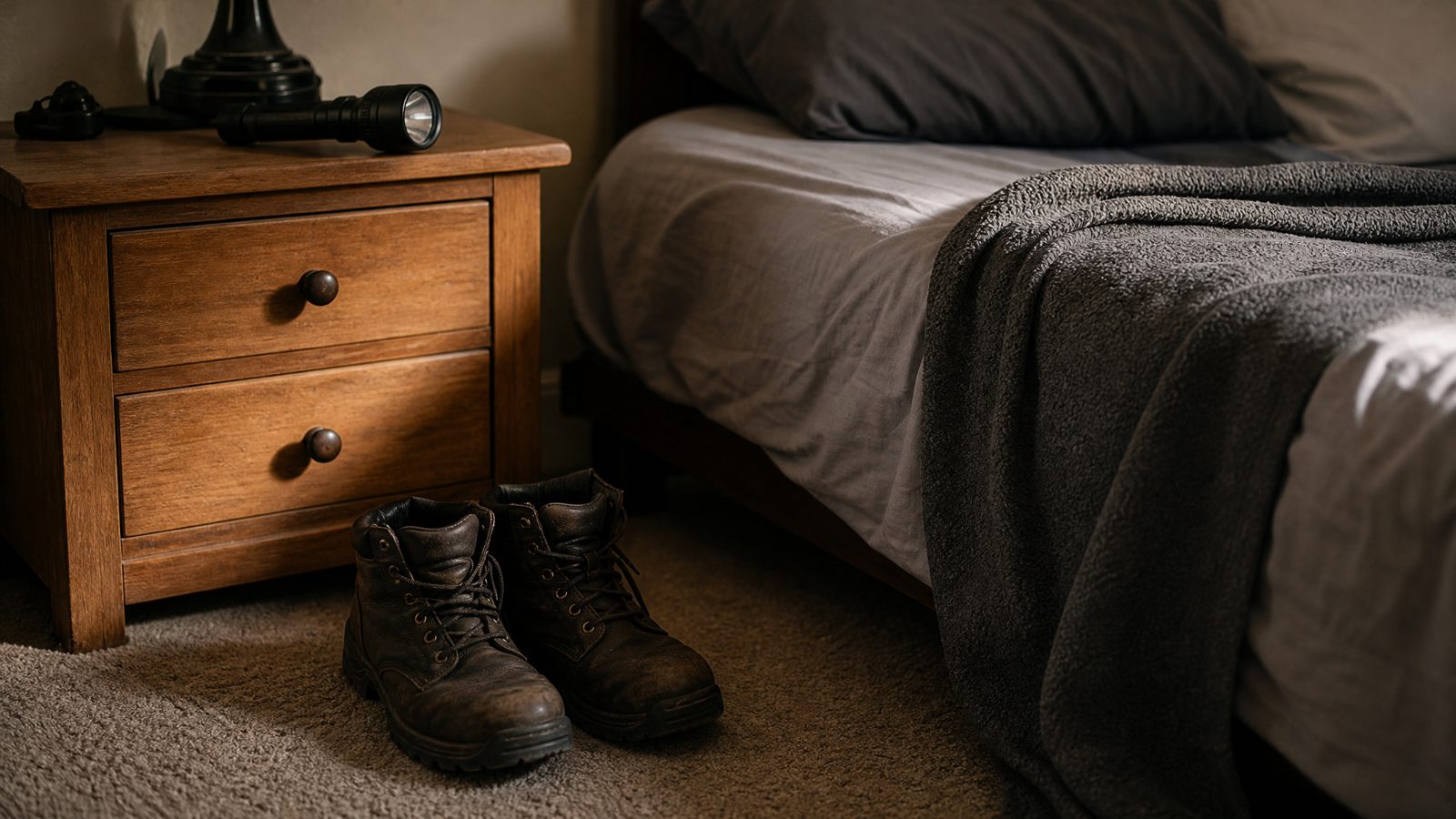 A wooden nightstand beside a bed with a plain black flashlight on top and a pair of sturdy leather work boots on the floor next to a folded gray blanket
