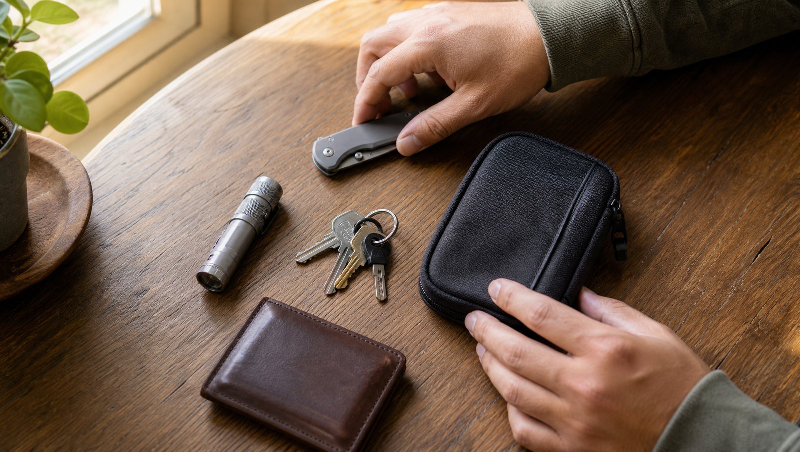 Hands arranging a folding knife, small flashlight, keys, wallet, and pouch on a wooden table in morning light