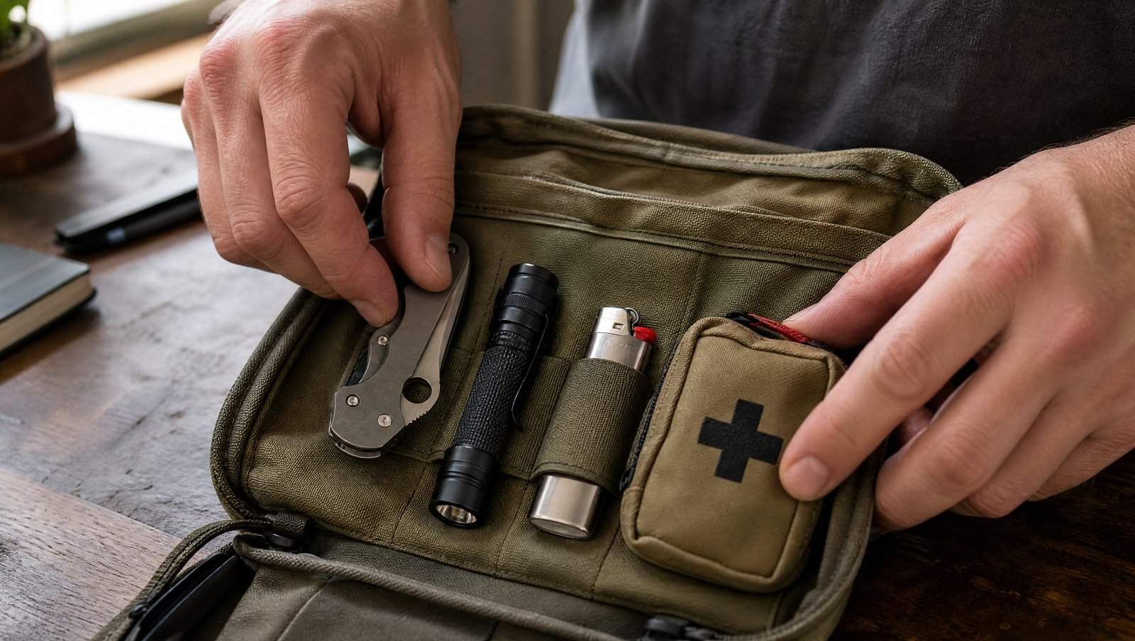 Hands packing a folding knife, flashlight, lighter, and mini first-aid pouch into an open EDC organizer