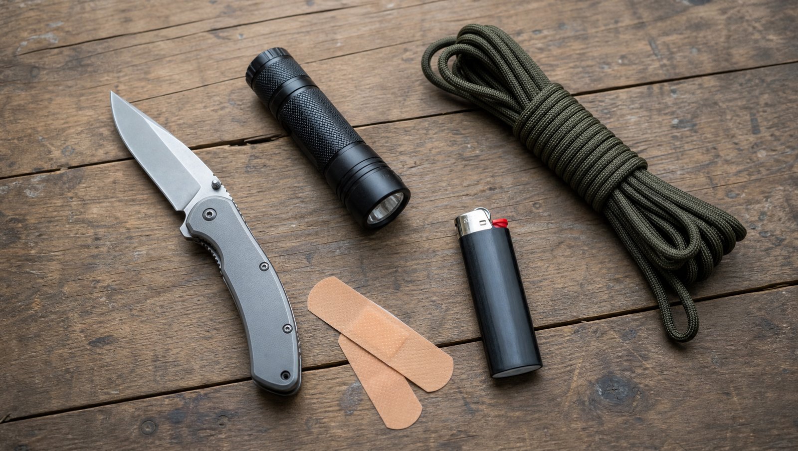 A starter everyday carry kit spread on a wooden table: a folding knife, flashlight, lighter, paracord, and adhesive bandages