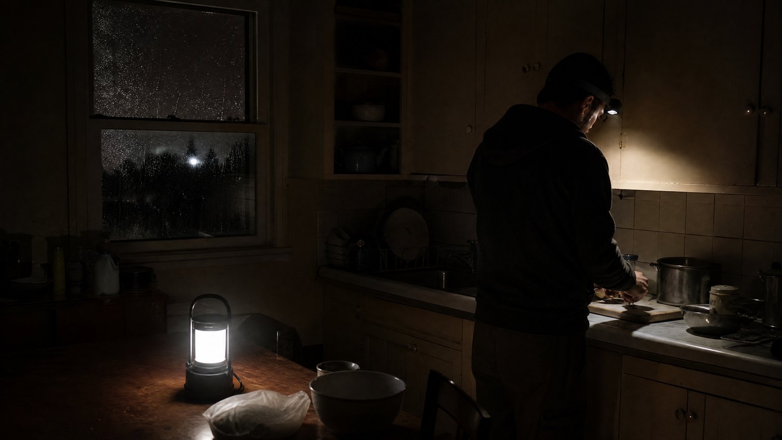 A person wearing a headlamp in a dark kitchen during a power outage, a battery lantern glowing on the table nearby