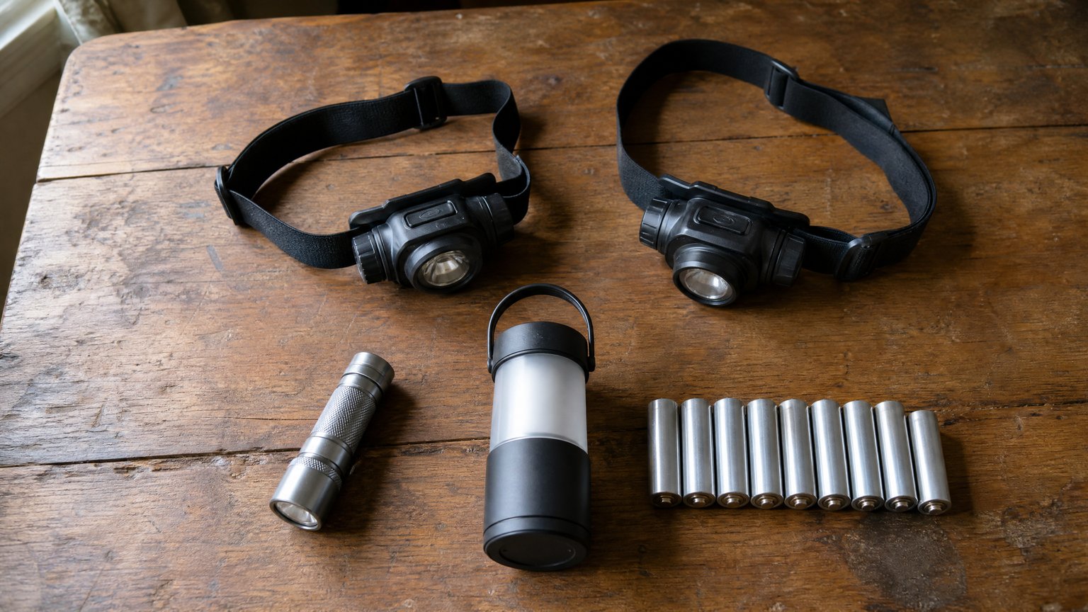 Headlamps, a small flashlight, a compact battery lantern, and spare batteries laid out on a wooden table