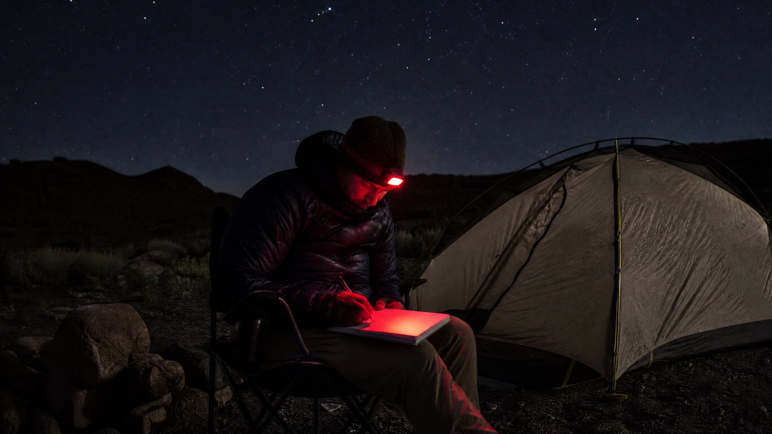 A person at a campsite at night using a headlamp on a dim red setting to see their hands and a notebook