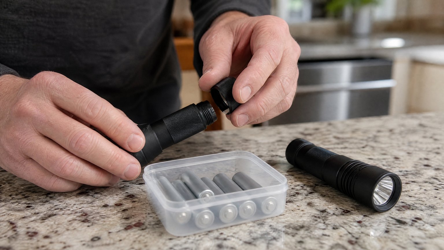Hands opening the battery compartment of a flashlight on a kitchen counter next to a bin of spare batteries