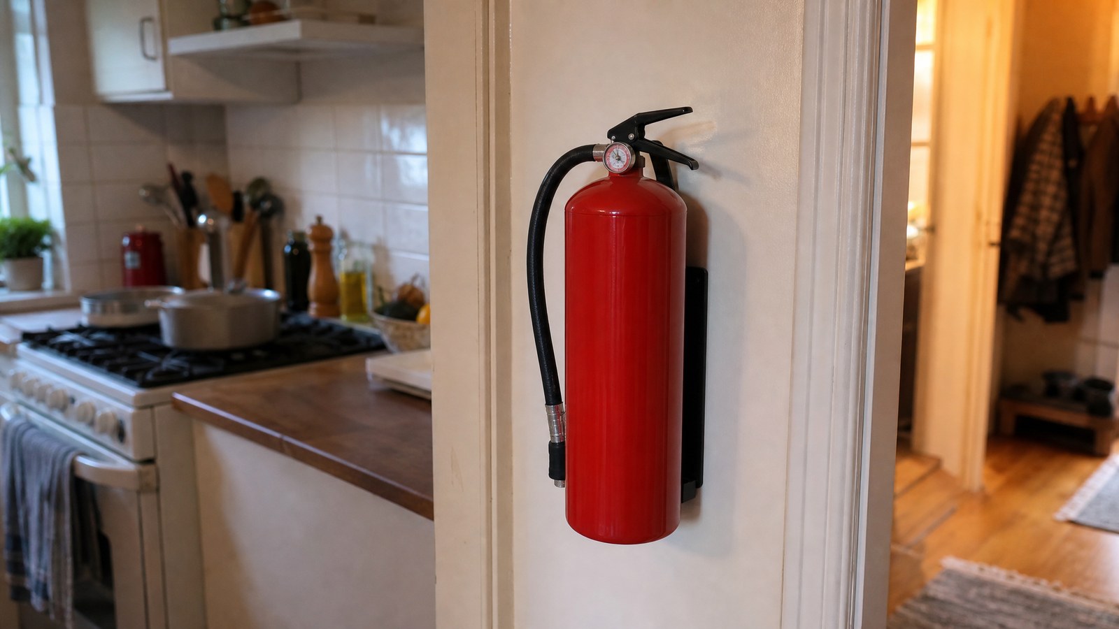 A plain red fire extinguisher mounted on a wall bracket beside a kitchen doorway