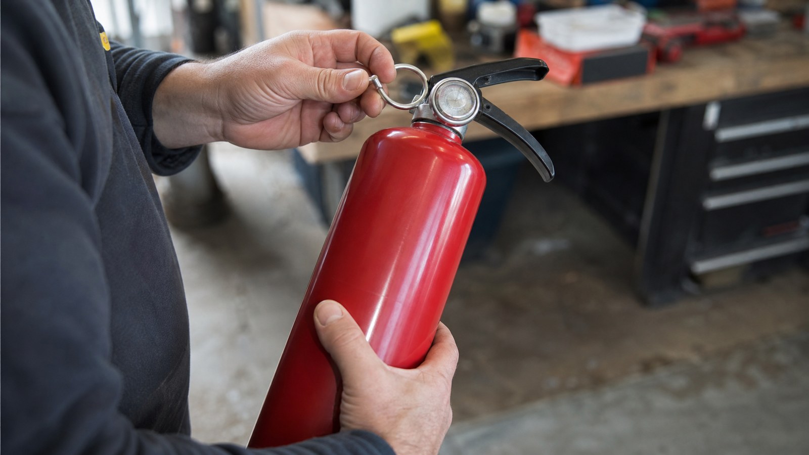 A person holding a plain red fire extinguisher with a thumb through the pull pin in a garage